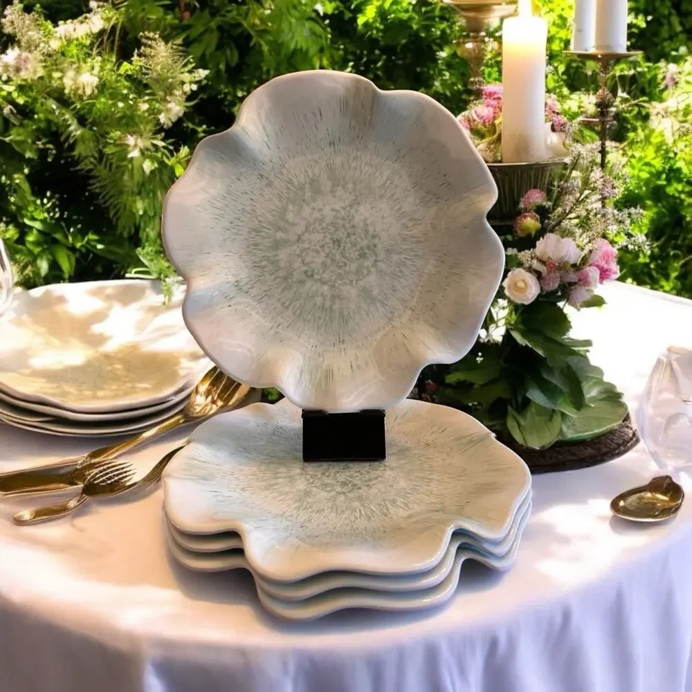 4 Melamine Plates Green Flower Petal Shaped 11” Dinner/ Garden Luncheon (B)